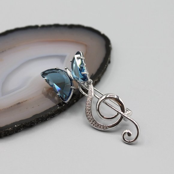 Jewelry pin brooch butterfly music note silver blue crystals elegant beautiful - Picture 2 of 10